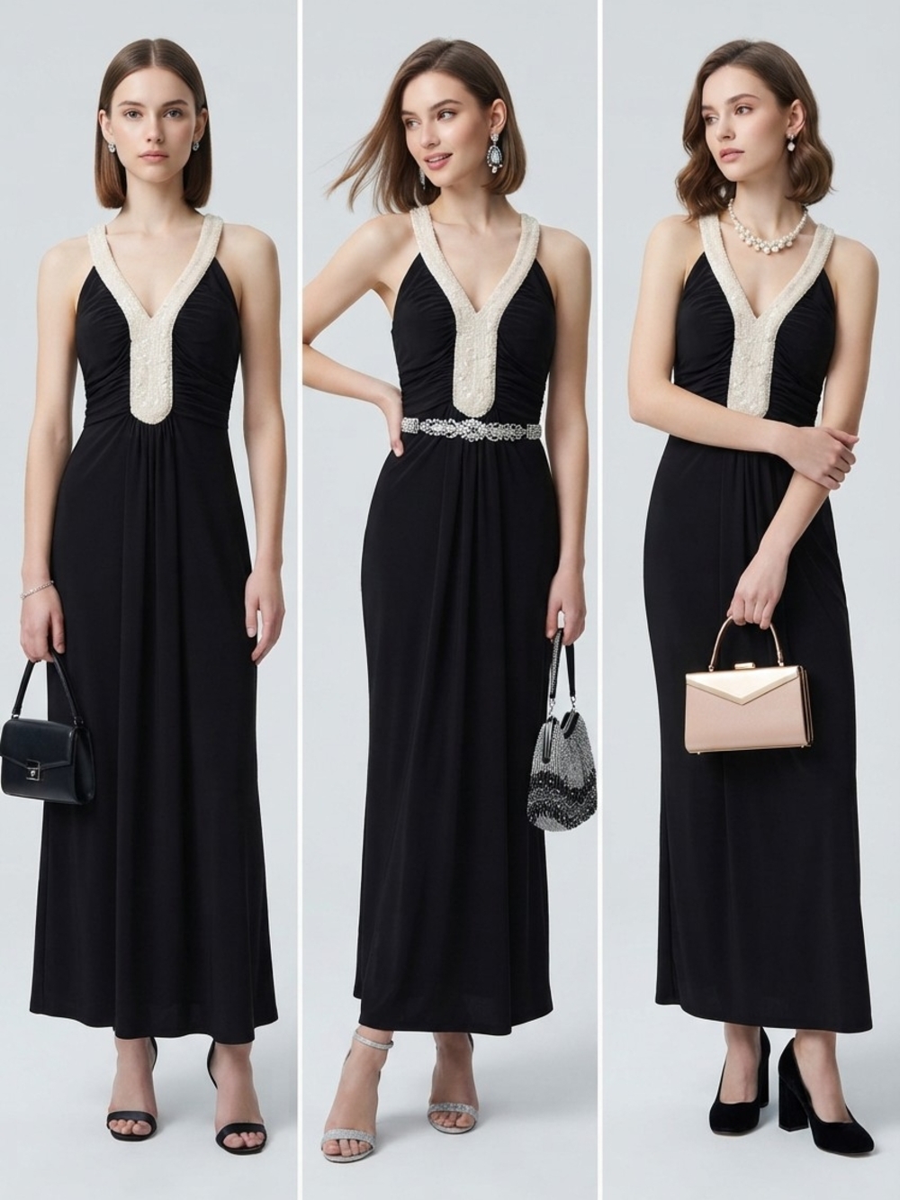 Jessica Howard Black Maxi Dress with Cream Beaded V-Neck